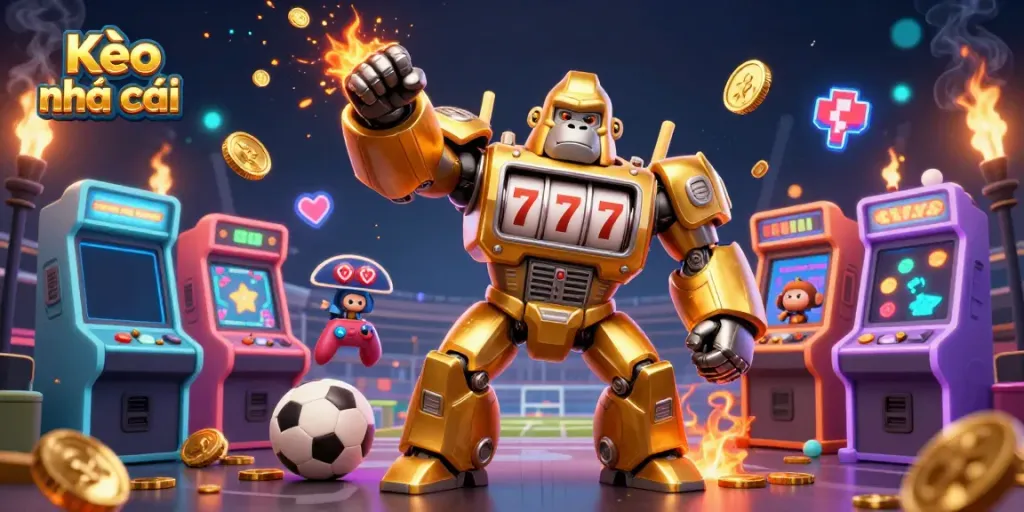 Kèo nhà cái showcases a dynamic cartoon gorilla mech and monkey pilot, emphasizing sports betting excitement.