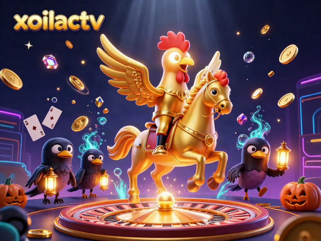 Xoilactv golden rooster specter riding a horse in a bustling casino with glowing coins and cards.
