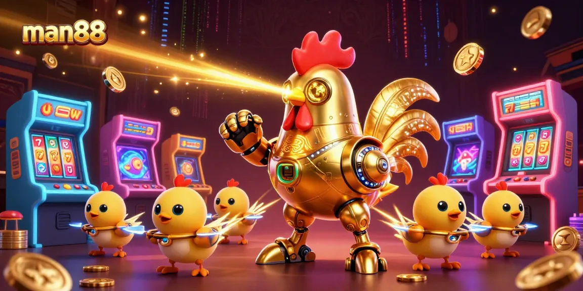 Experience thrilling games at man88 with a dynamic 3D illustration of a golden rooster robot and arcade elements.