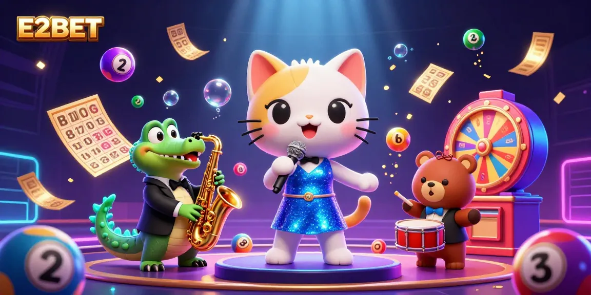 E2BET offering vibrant casino entertainment with animated characters and dynamic game elements.
