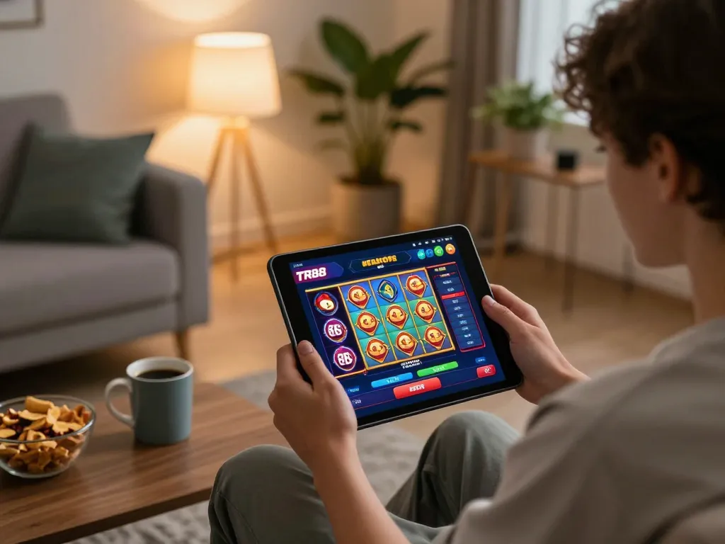 Player enjoying the TR88 online casino experience, gaming on a tablet in a cozy home setup.