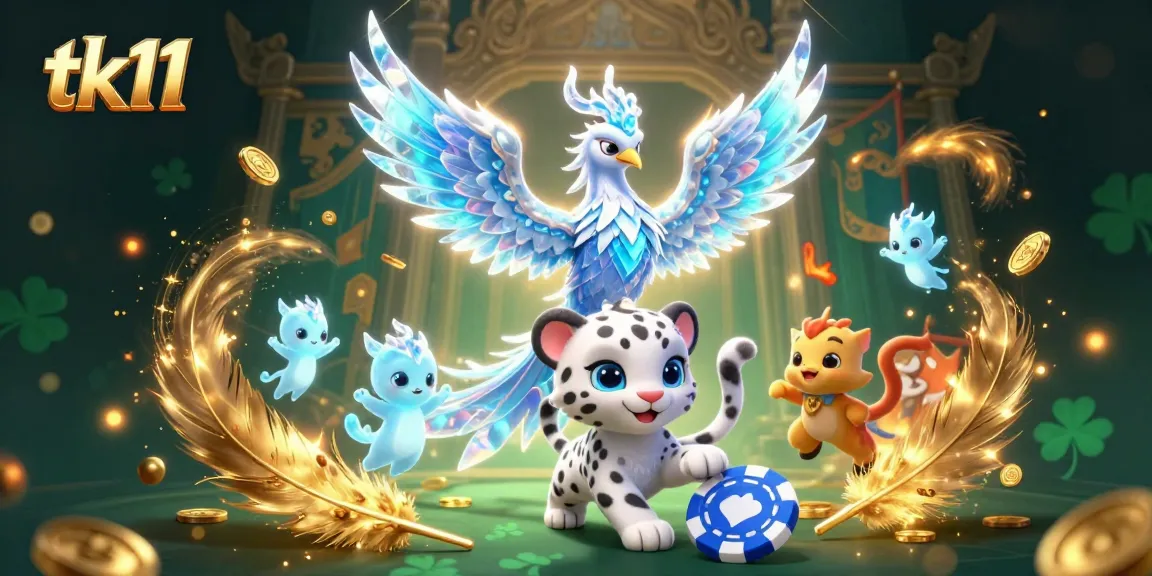 tk11 captivating gaming scene with an ice phoenix, snow leopard cub, and magical sprites.