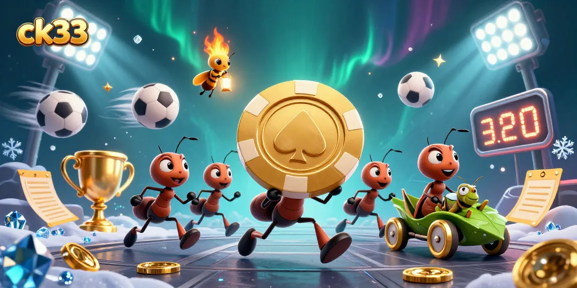 Join the ck33 adventure as ants showcase epic gambling with golden poker chips and sports-themed elements.