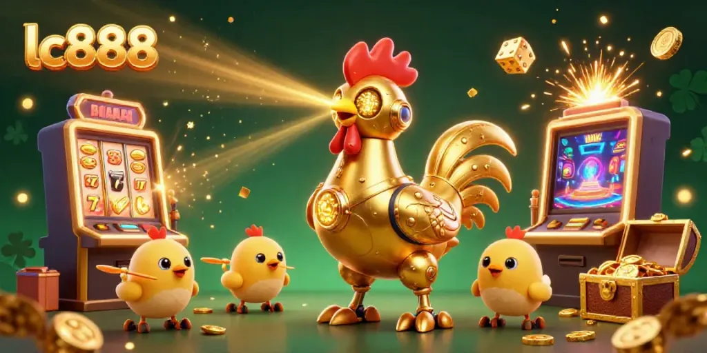 Experience exhilarating wins with lc888 in this vibrant casino scene featuring a robotic rooster.