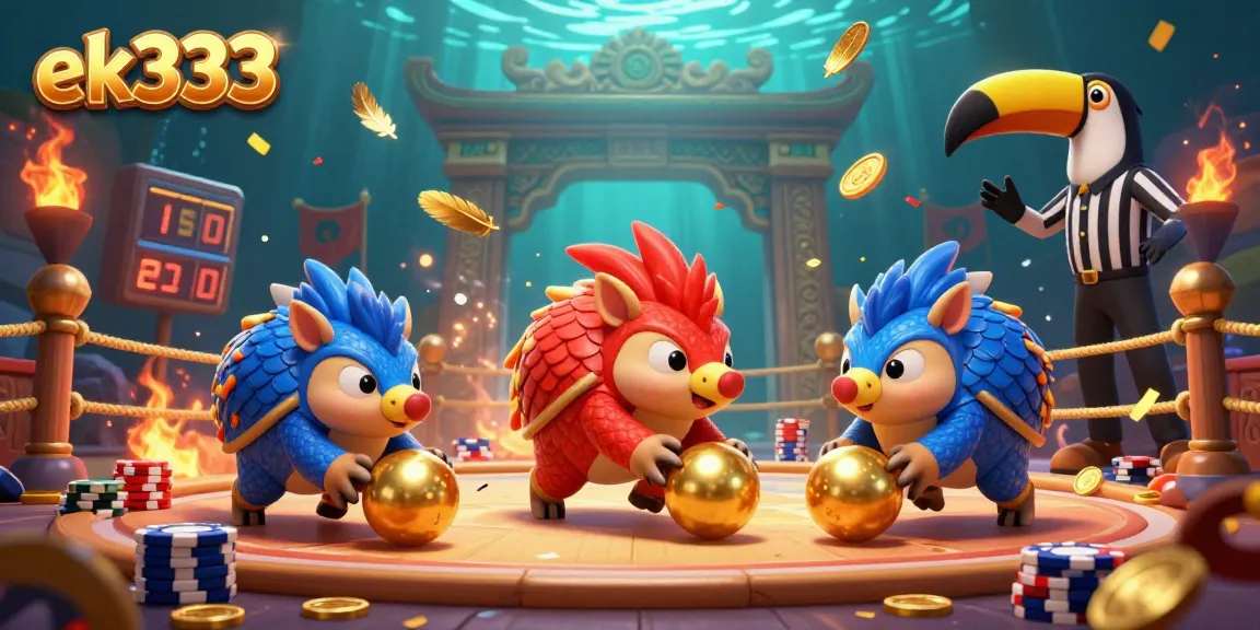 Engage in exciting games with ek333 as rival pangolins roll casino chips amidst golden confetti.