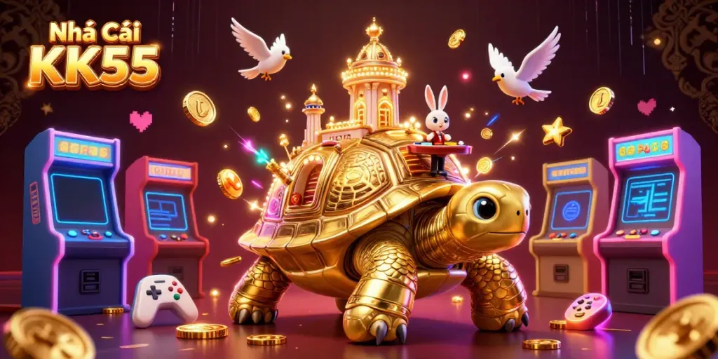 Experience the thrill at Nhà Cái KK55 with a golden tortoise casino and vibrant game elements.