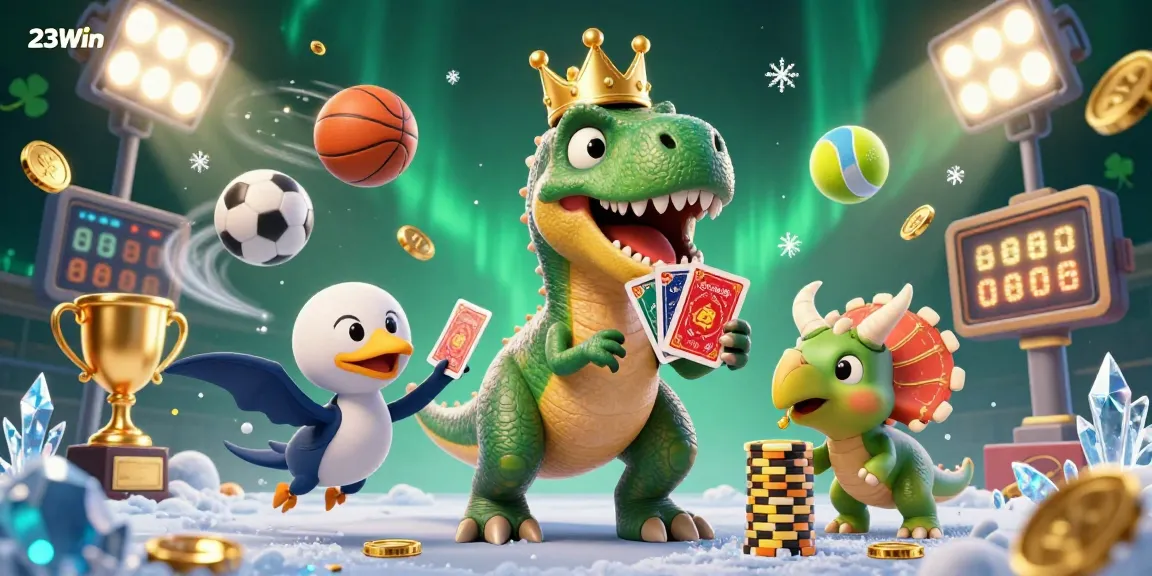 Experience the excitement of 23Win with a vibrant illustration showcasing dynamic card playing characters amidst thrilling casino elements.