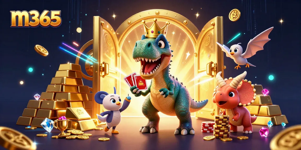 Experience thrilling gaming at m365 with a fun casino scene featuring playful dinosaurs.