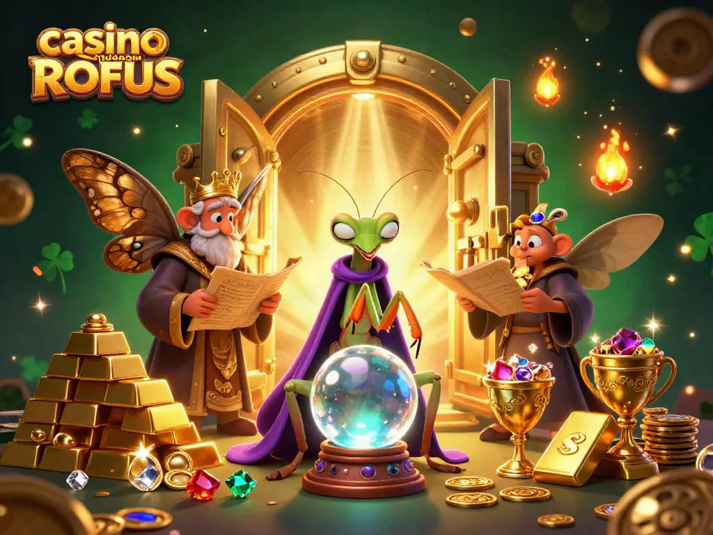 Experience casino uden om ROFUS with vibrant characters and dazzling treasures in a mystical scene.