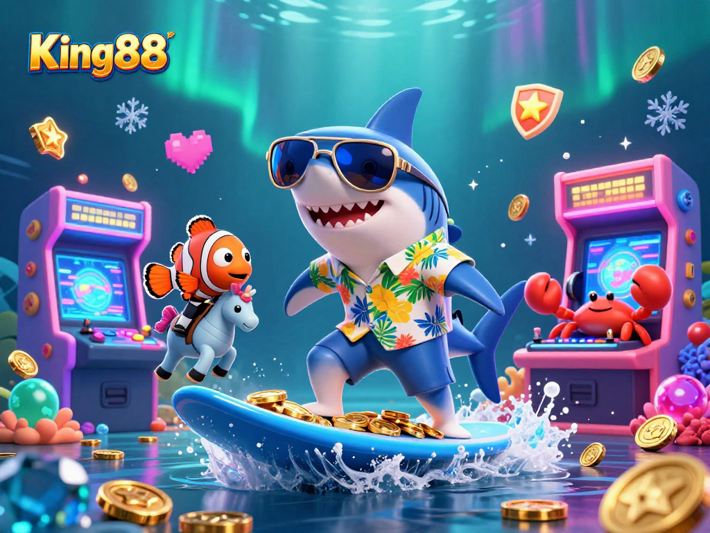 Engage with King88's vibrant casino experience featuring a shark and underwater elements.