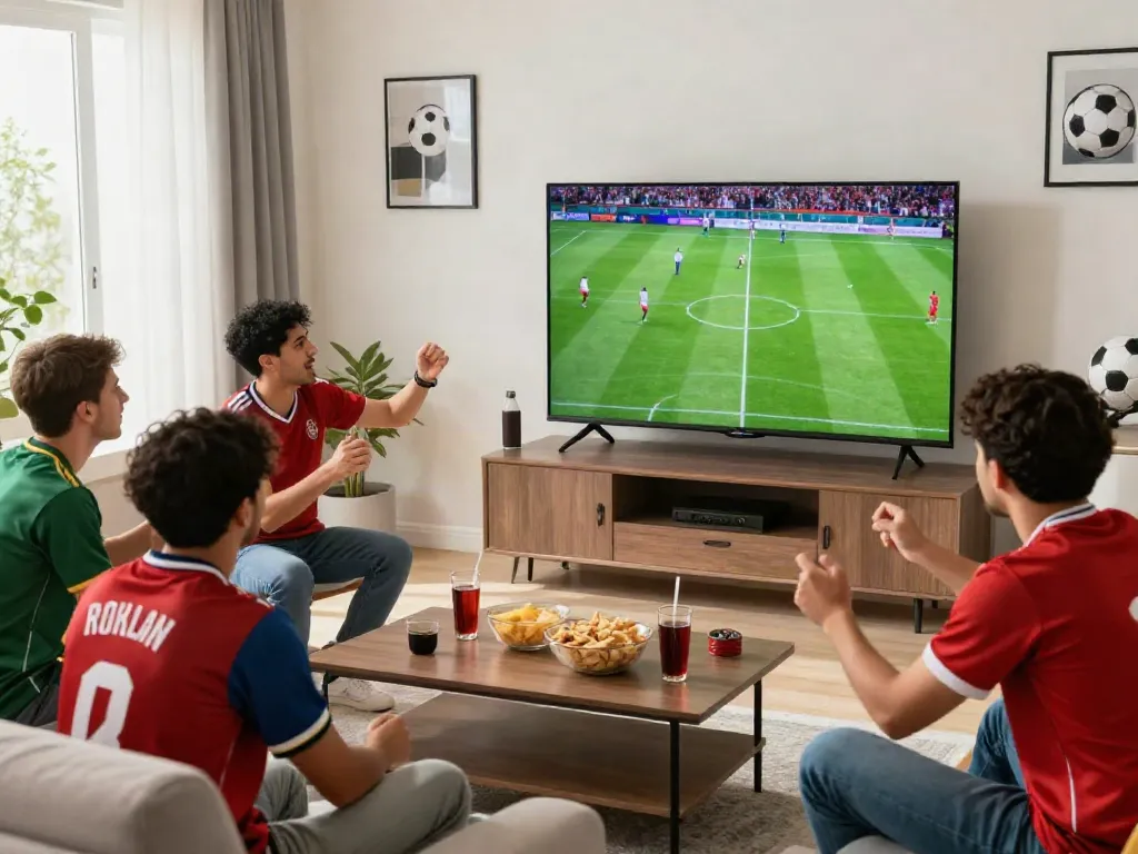 Excited fans watching a live football match on CakhiaTV in a cozy living room.