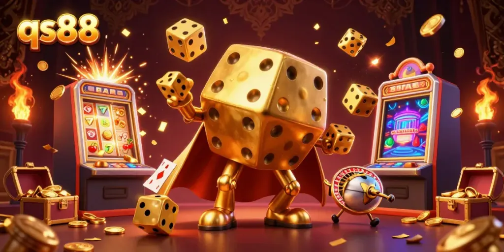 Experience the excitement of qs88 with vibrant casino elements, showcasing a dynamic scene of golden dice and slot machines.