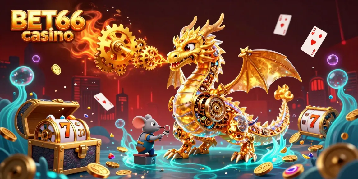 Experience BET66 casino with dynamic 3D illustration showcasing gold treasures and gaming elements.