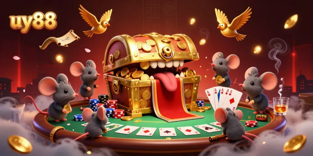 Experience the thrill of uy88 gaming with an adventurous cartoon scene featuring a golden treasure chest and poker elements.
