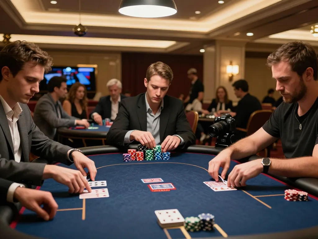 Players enjoying an intense game of poker at luckywin casino with vibrant chips and focused gameplay.