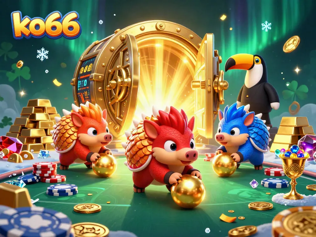 Engage in thrilling gameplay with ko66 at this vibrant casino scene featuring pangolins and poker chips.