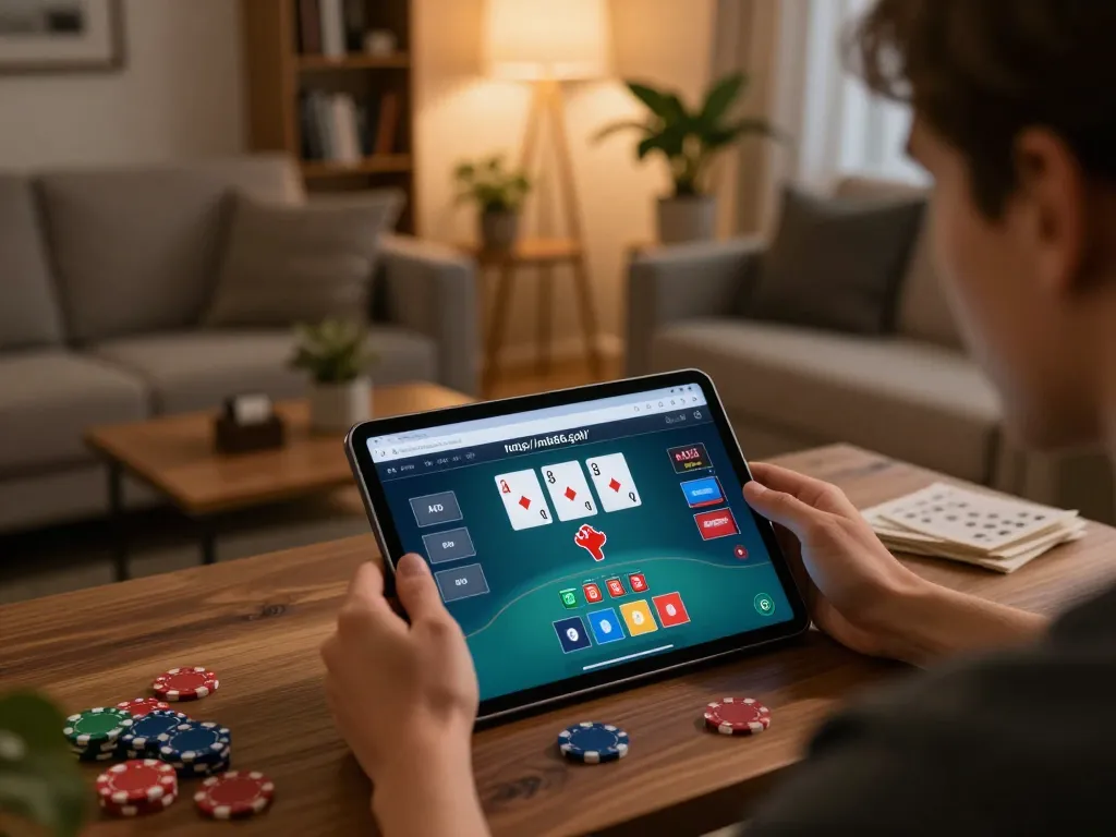 Player engaged in online gaming at https://mb66.golf/, showcasing a poker game interface in a cozy home setting.