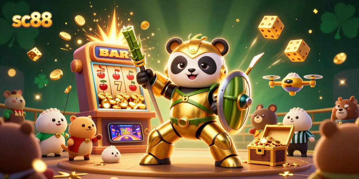 Engage in the sc88 casino world with a vibrant 3D scene of tons of colorful game symbols and gold.
