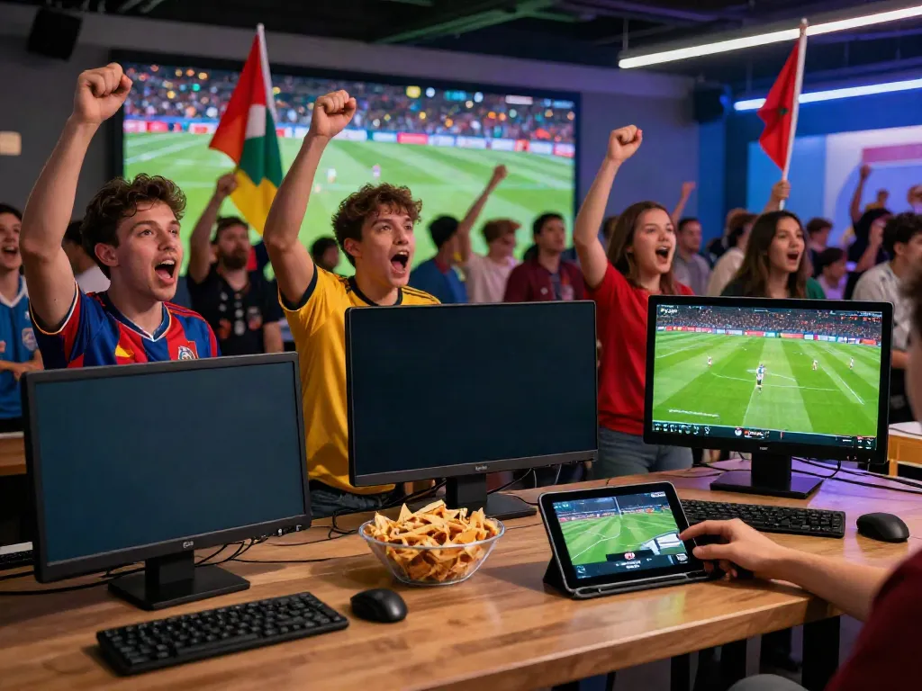 CakhiaTV live football streaming, fans engaged with screens in an exciting atmosphere.