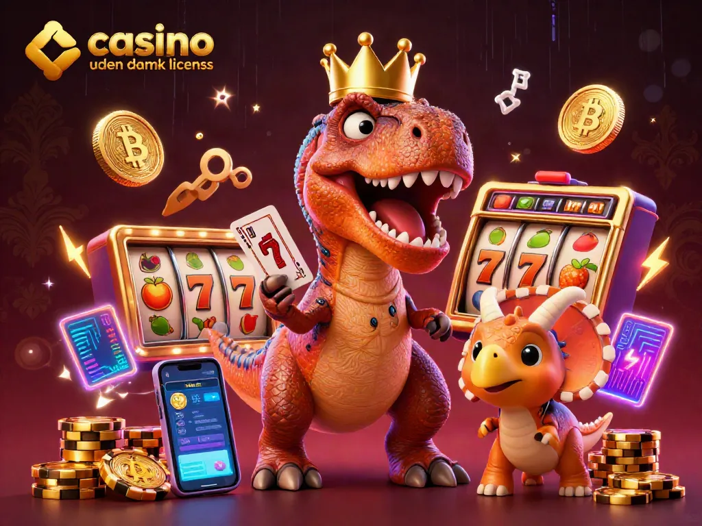 Experience excitement at casino uden dansk licens with a T-Rex, chips, and neon elements!