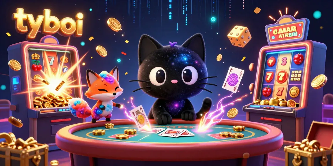 Experience the thrill of gaming with tyboi, showcasing a cosmic casino scene with a black hole cat and vibrant elements.