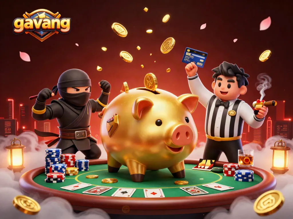 Experience the thrill of gambling with the dynamic gavang scene of cartoon characters and rich casino elements.