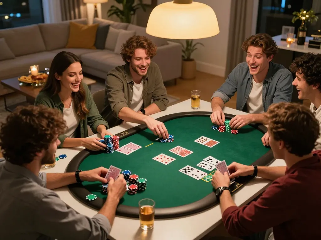 Socolive trực tiếp poker night excitement with friends gathered around a table playing cards and gaming.