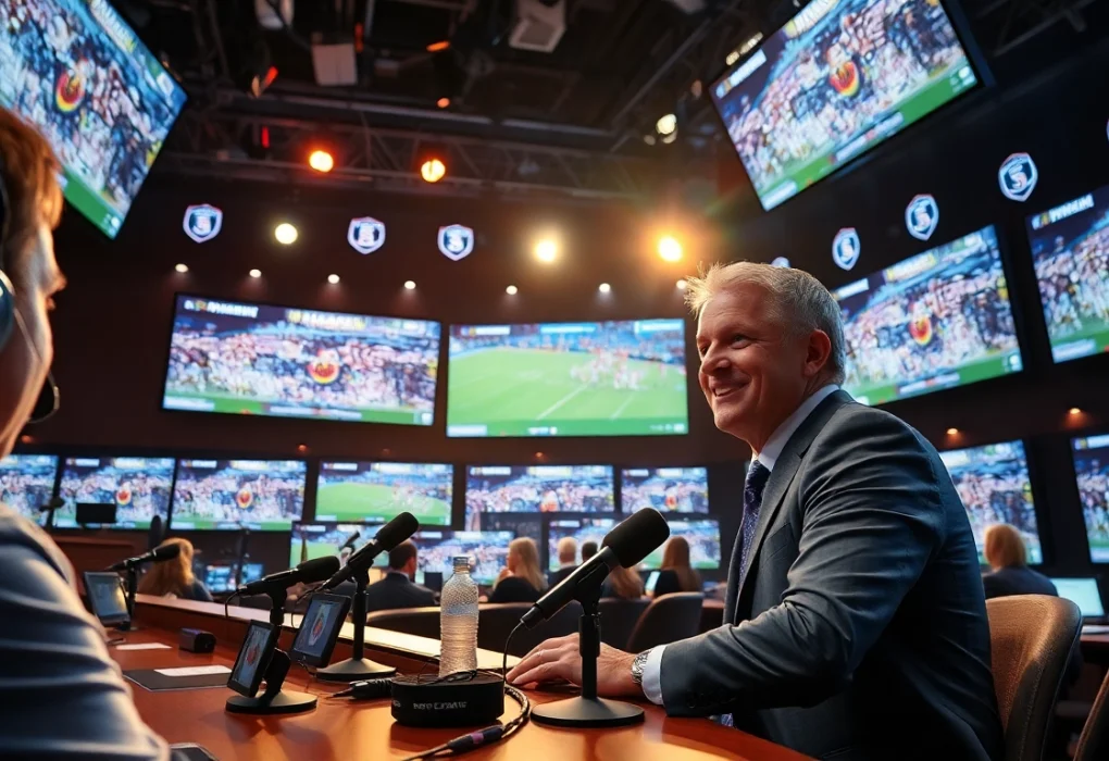 Sports Broadcasting commentator actively engaging in a dynamic studio setting with multiple screens.