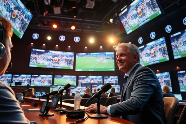 Sports Broadcasting commentator actively engaging in a dynamic studio setting with multiple screens.