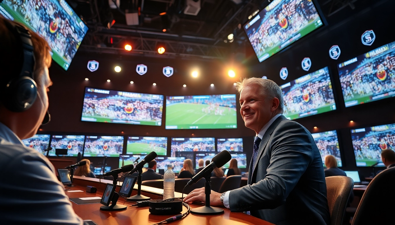 Sports Broadcasting commentator actively engaging in a dynamic studio setting with multiple screens.