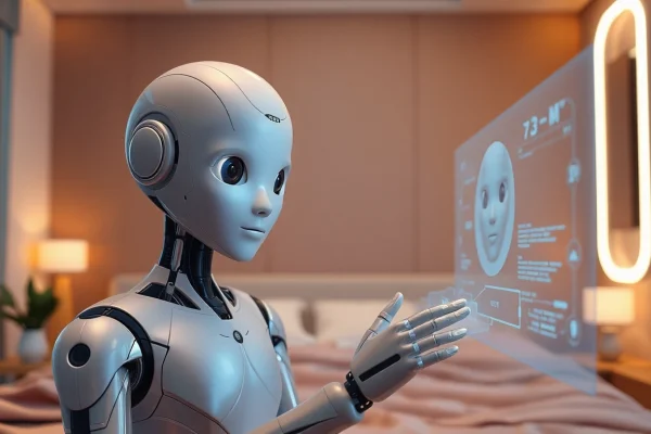 Humanoid sex bot with AI in a modern bedroom setting, offering interactive companionship.