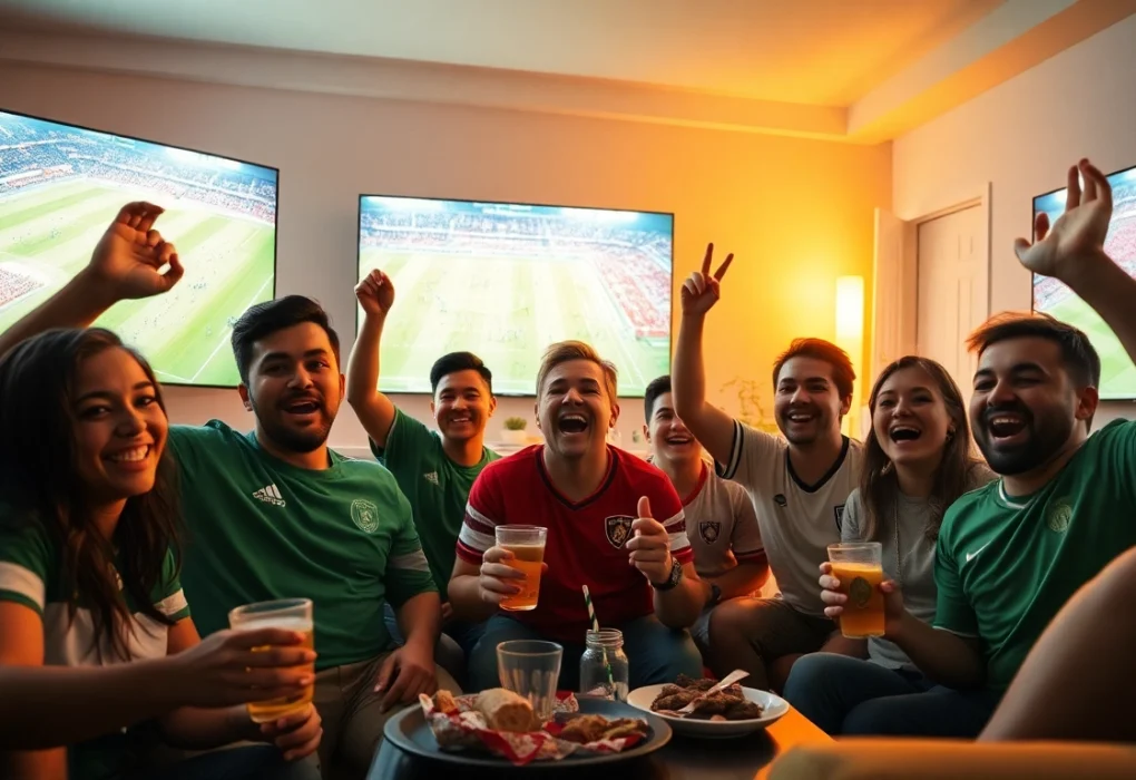 Xoilac TV fans enjoying a live football match in a cozy setting with HD screens.