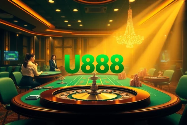 Action at a U888 casino gaming table with vibrant chips and a roulette wheel.