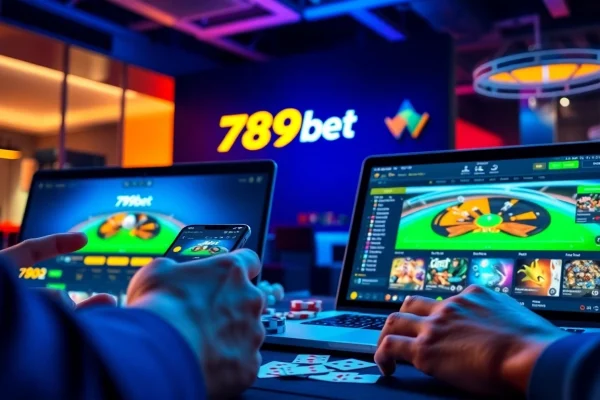 Engaging online betting scene featuring 789bet logo on various devices, symbolizing excitement and trust.
