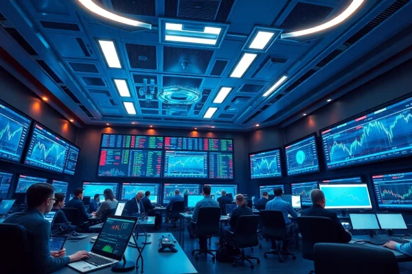 Kryptovaluta kurser live update in a modern trading room with screens displaying prices.