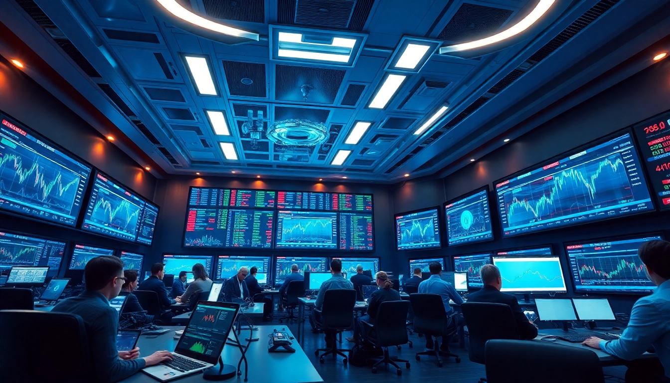 Kryptovaluta kurser live update in a modern trading room with screens displaying prices.