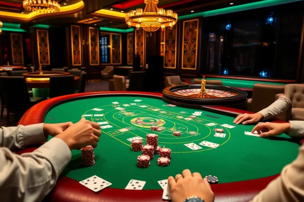 Players enjoying Sunwin poker at an elegant casino table, surrounded by vibrant chips and cards.