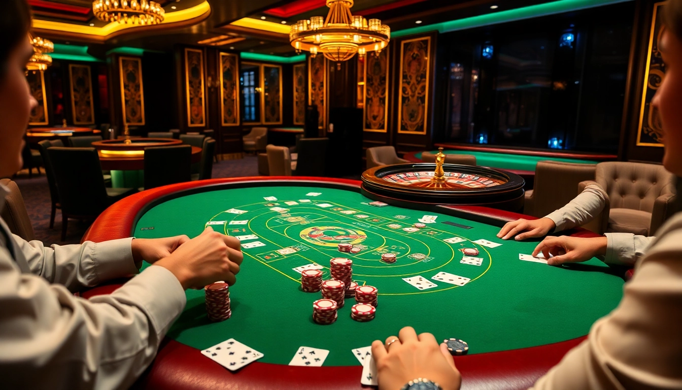 Players enjoying Sunwin poker at an elegant casino table, surrounded by vibrant chips and cards.