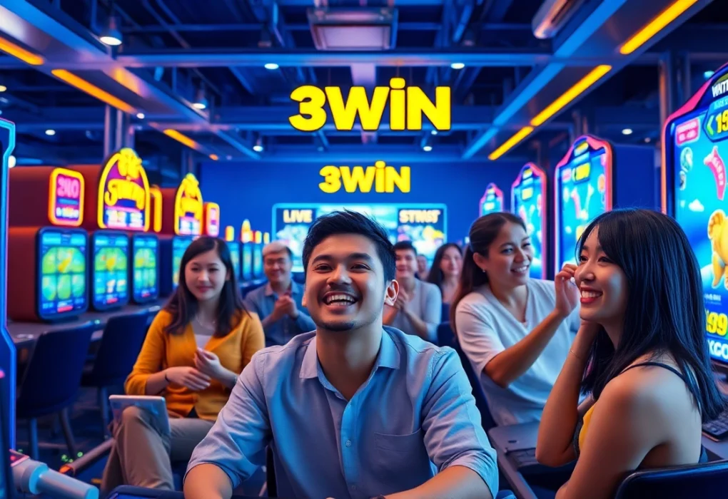 3WIN gaming platform showcasing players enjoying live casino and lottery games.