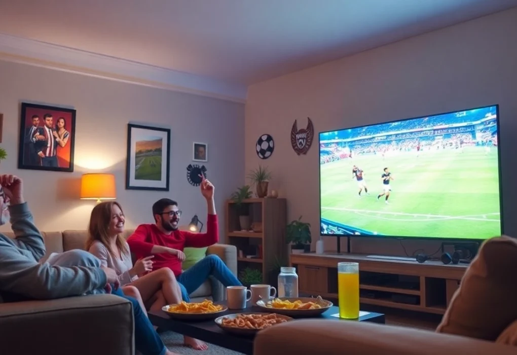 Exciting football viewing experience with friends enjoying a match on CakhiaTV, cozy living room atmosphere.
