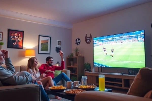 Exciting football viewing experience with friends enjoying a match on CakhiaTV, cozy living room atmosphere.