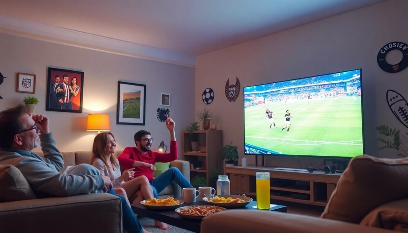 Exciting football viewing experience with friends enjoying a match on CakhiaTV, cozy living room atmosphere.