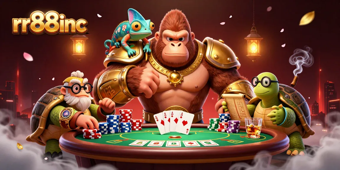 Watch the rr88inc gorilla king and his companions celebrate victory at an epic poker table.