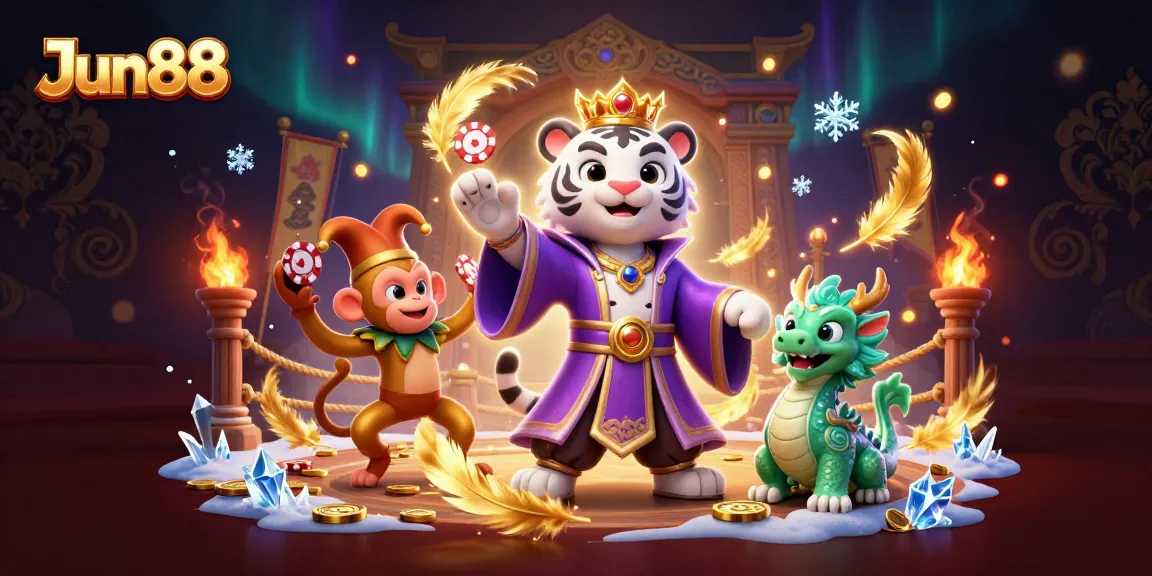 Win big with Jun88 by celebrating with a playful monkey juggling poker chips in a vibrant casino scene
