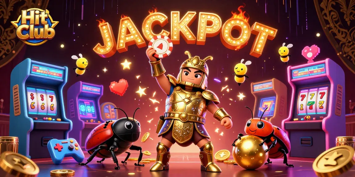 Experience thrilling gameplay with Hit Club, featuring a triumphant beetle champion in golden armor and jackpot excitement.