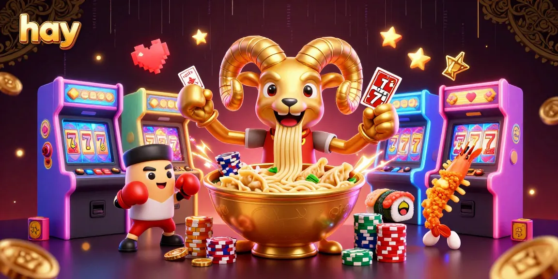 Play casino games with hay's 3D ramen bowl dealer stacking chips and vibrant arcade elements.