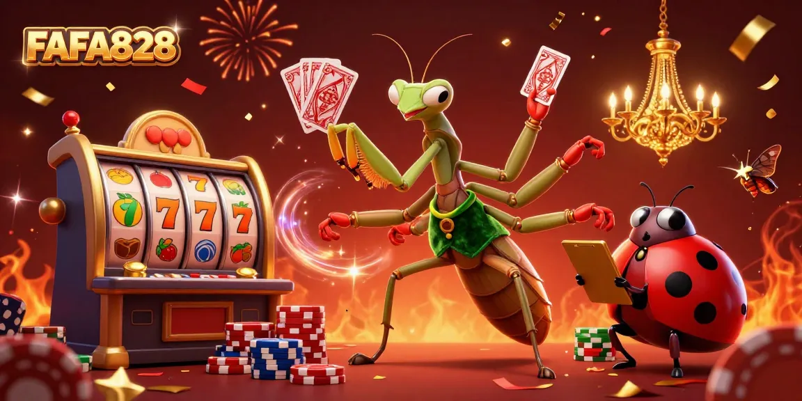 FAFA828 showcases a lively casino scene with characters delightfully gambling and celebrating with vibrant elements.