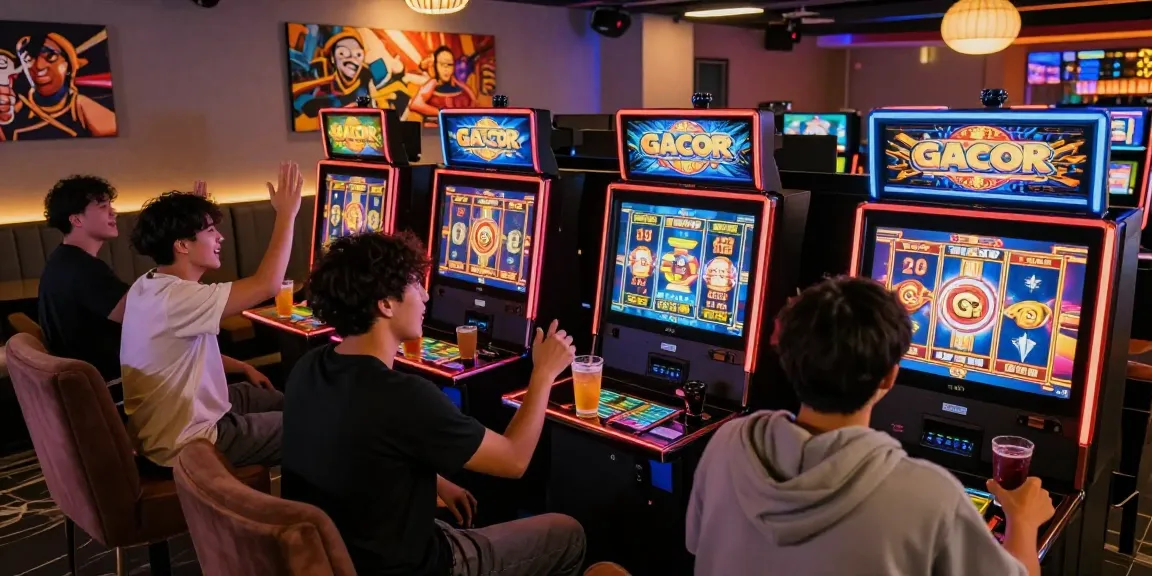 Exciting gaming scene with friends celebrating wins on slot gacor machines in a vibrant lounge.
